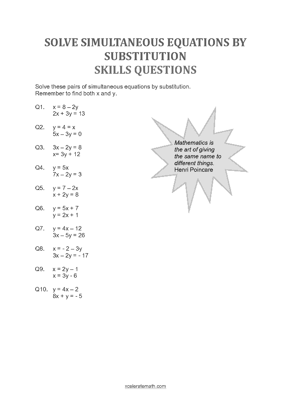 solving simultaneous equations by substitution worksheet pdf