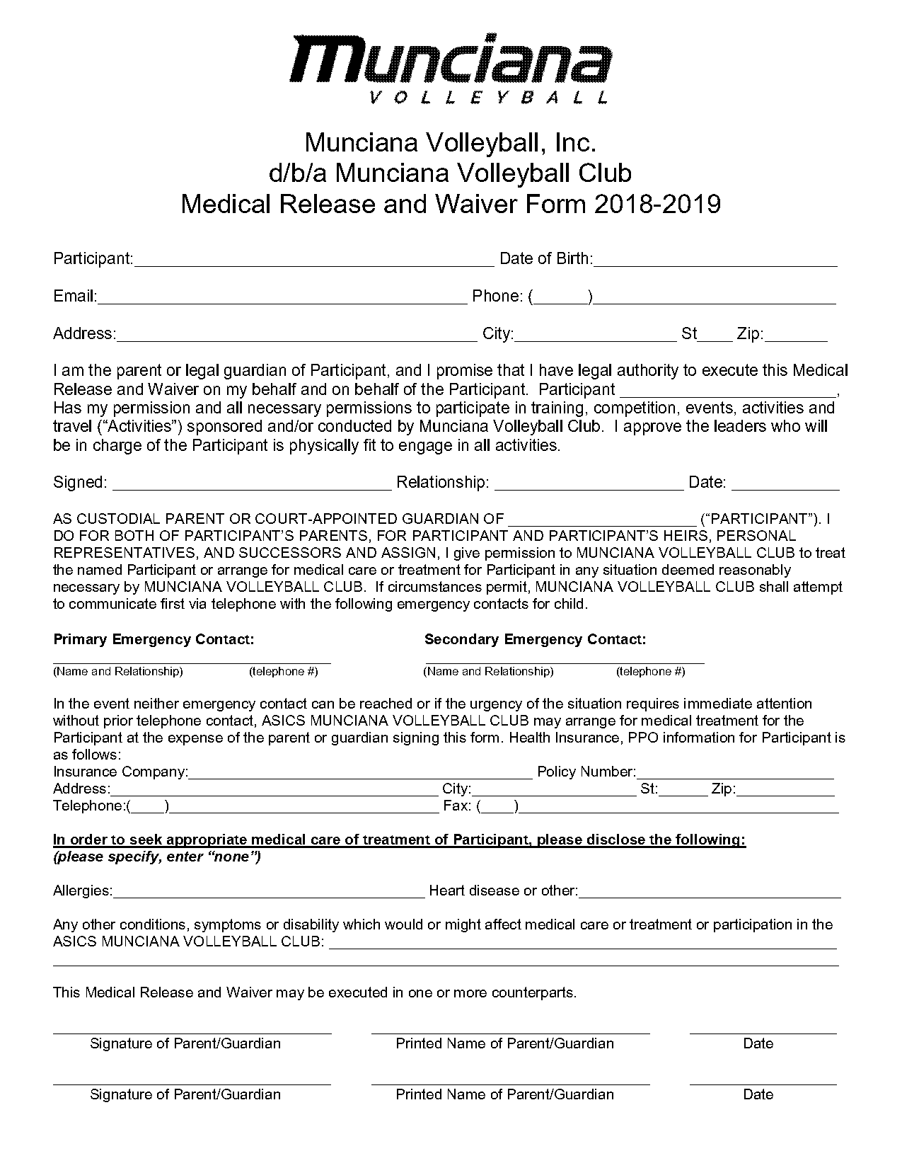 club volleyball medical form