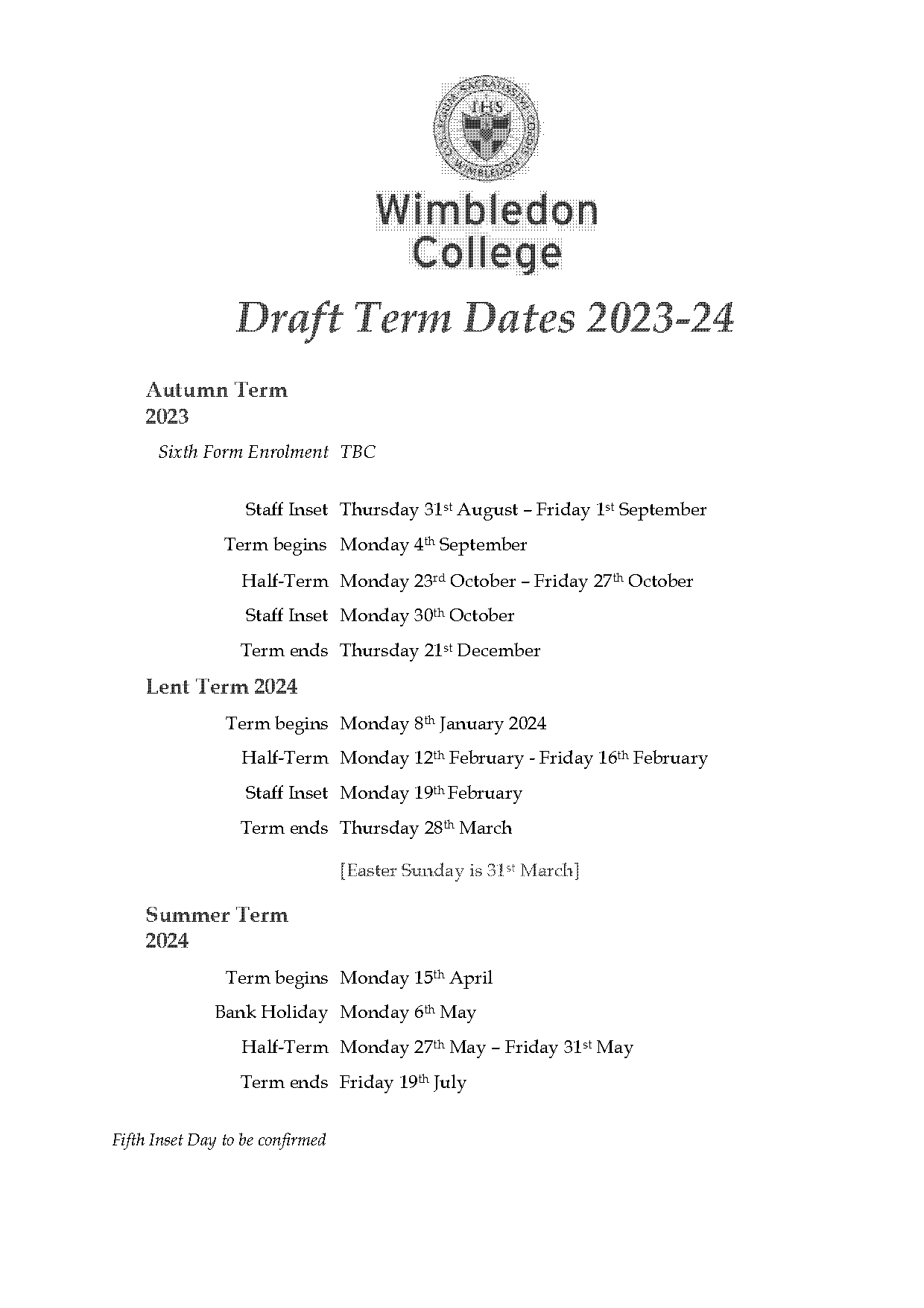 term dates wimbledon college