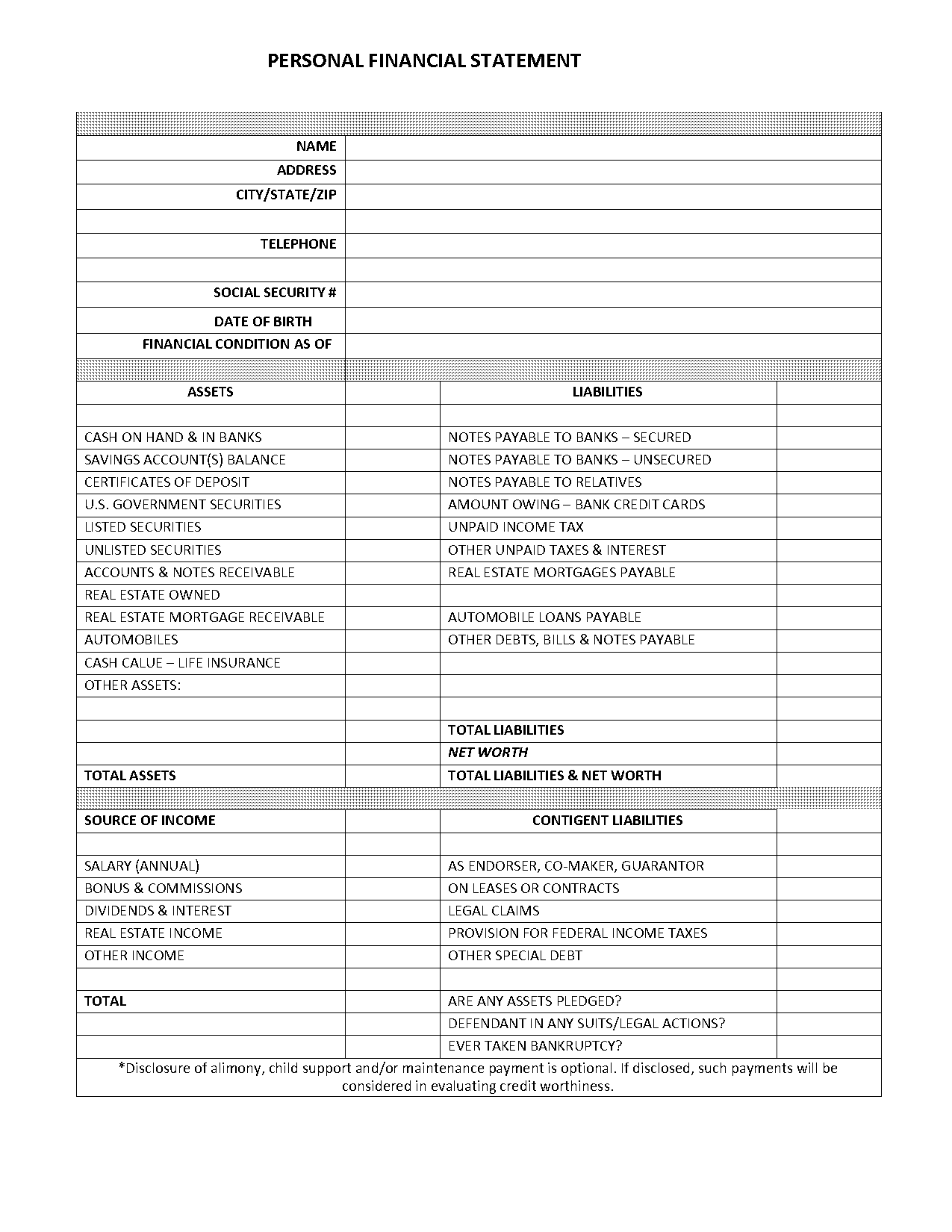 free blank personal financial statement