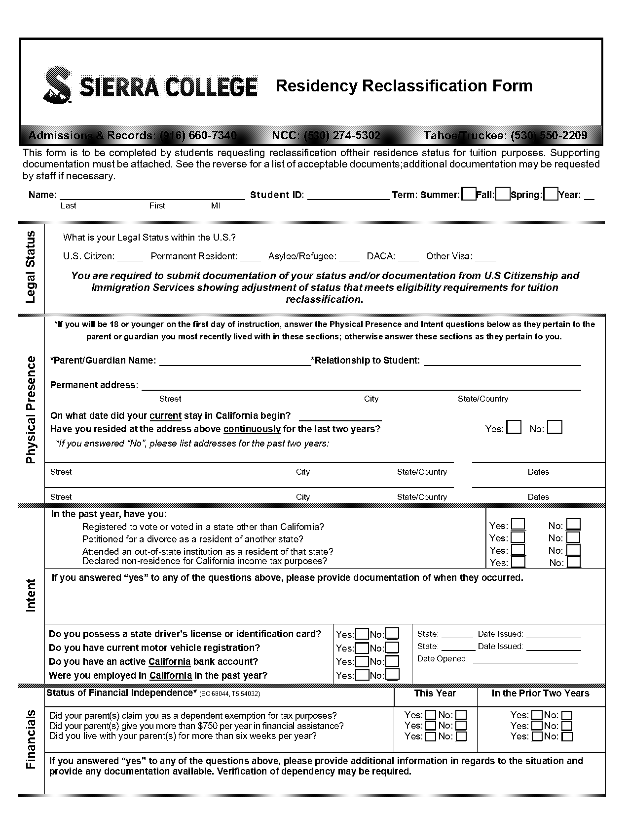 residency form for college