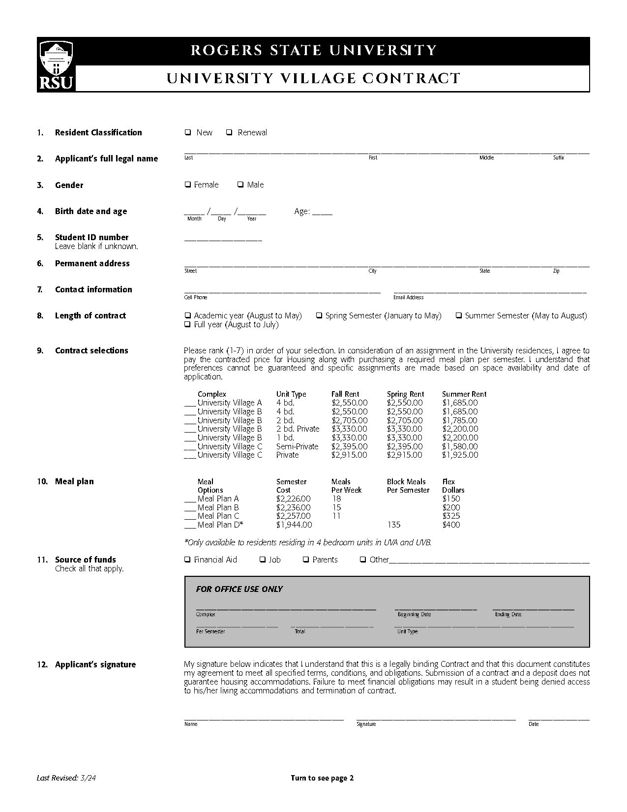 university village housing contract