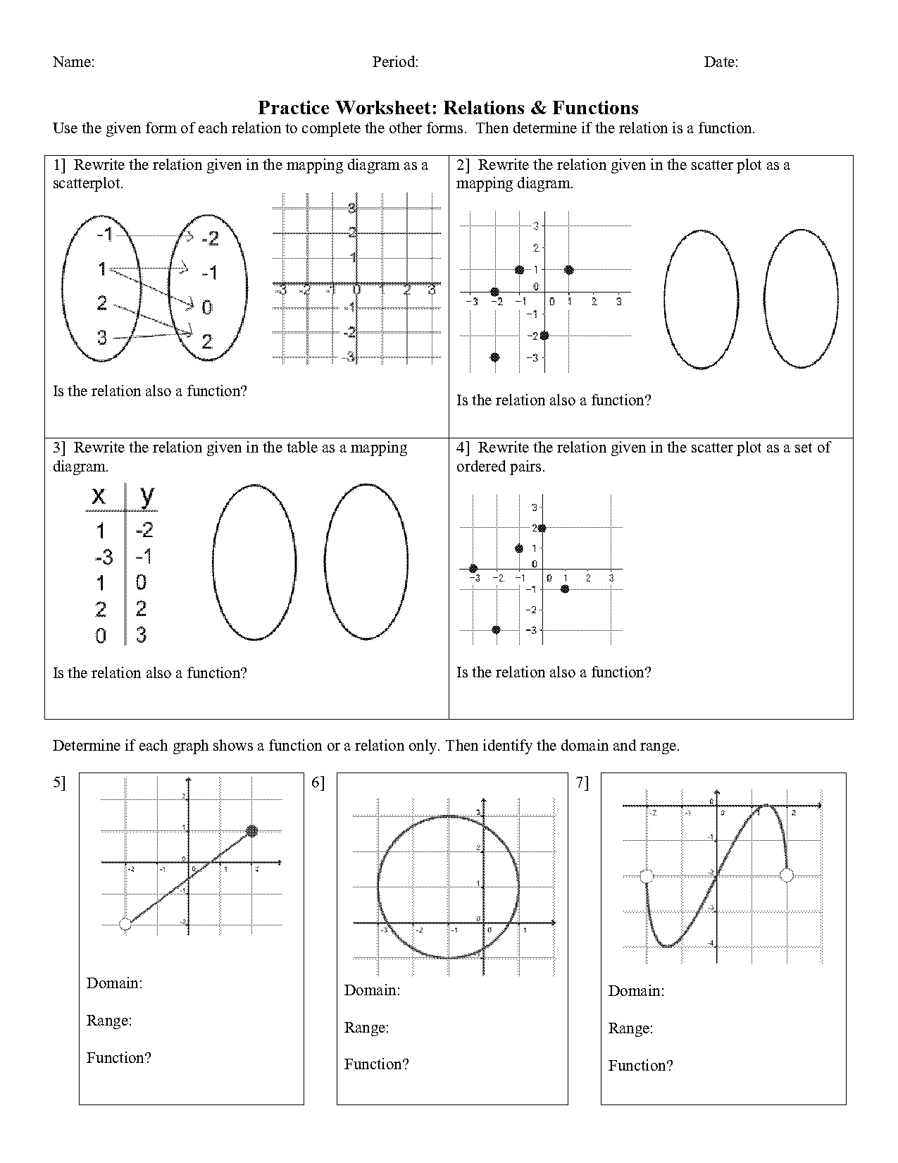 identify the domain and range of a function worksheet