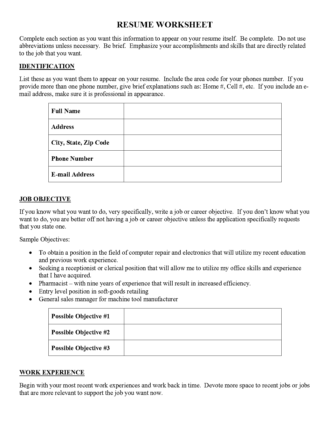 printable job skill worksheets