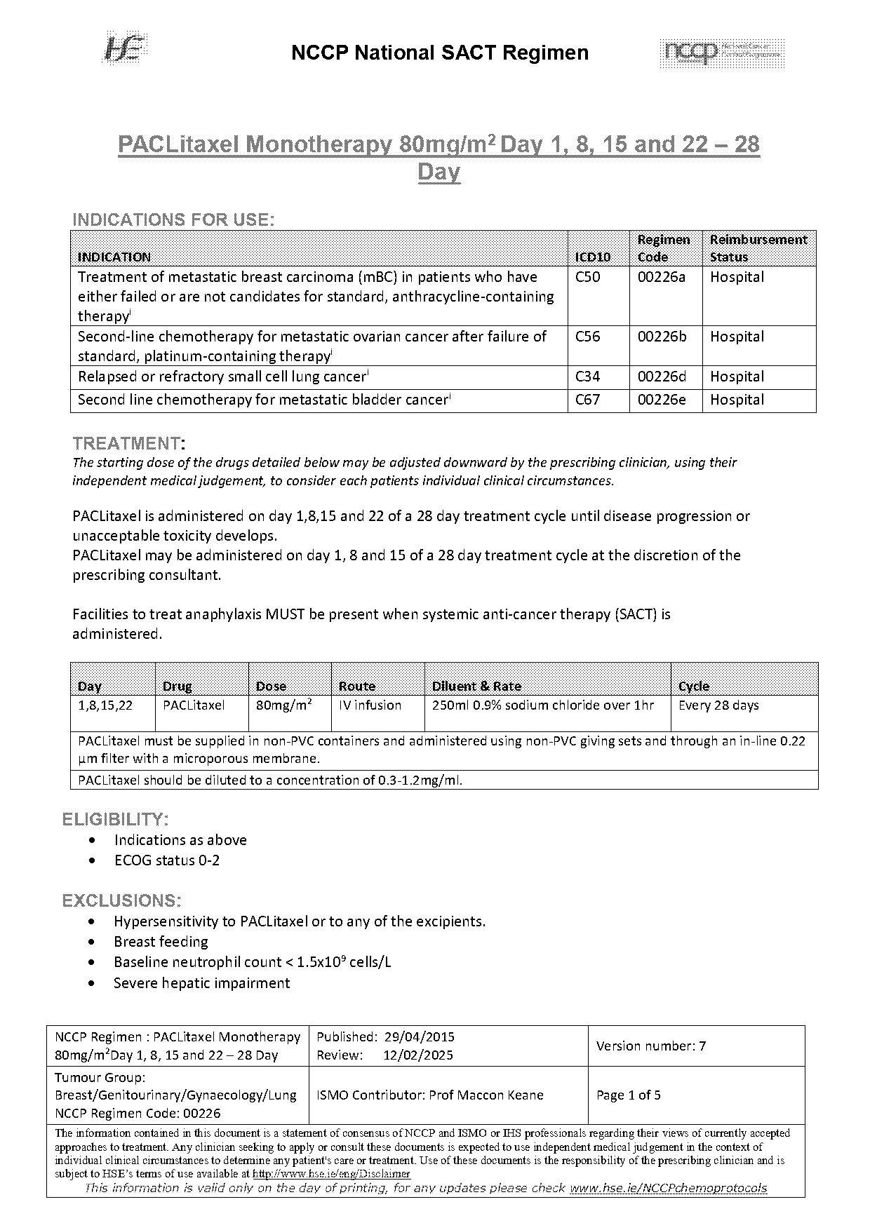 recommended dosage of taxol