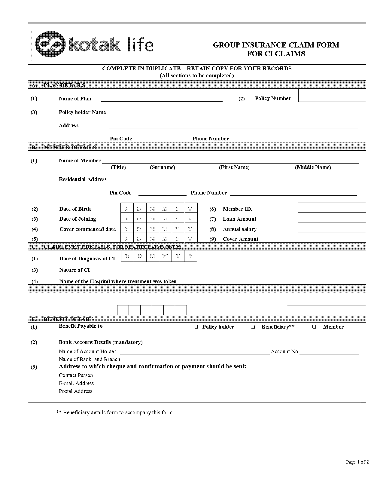 kotak death claim form