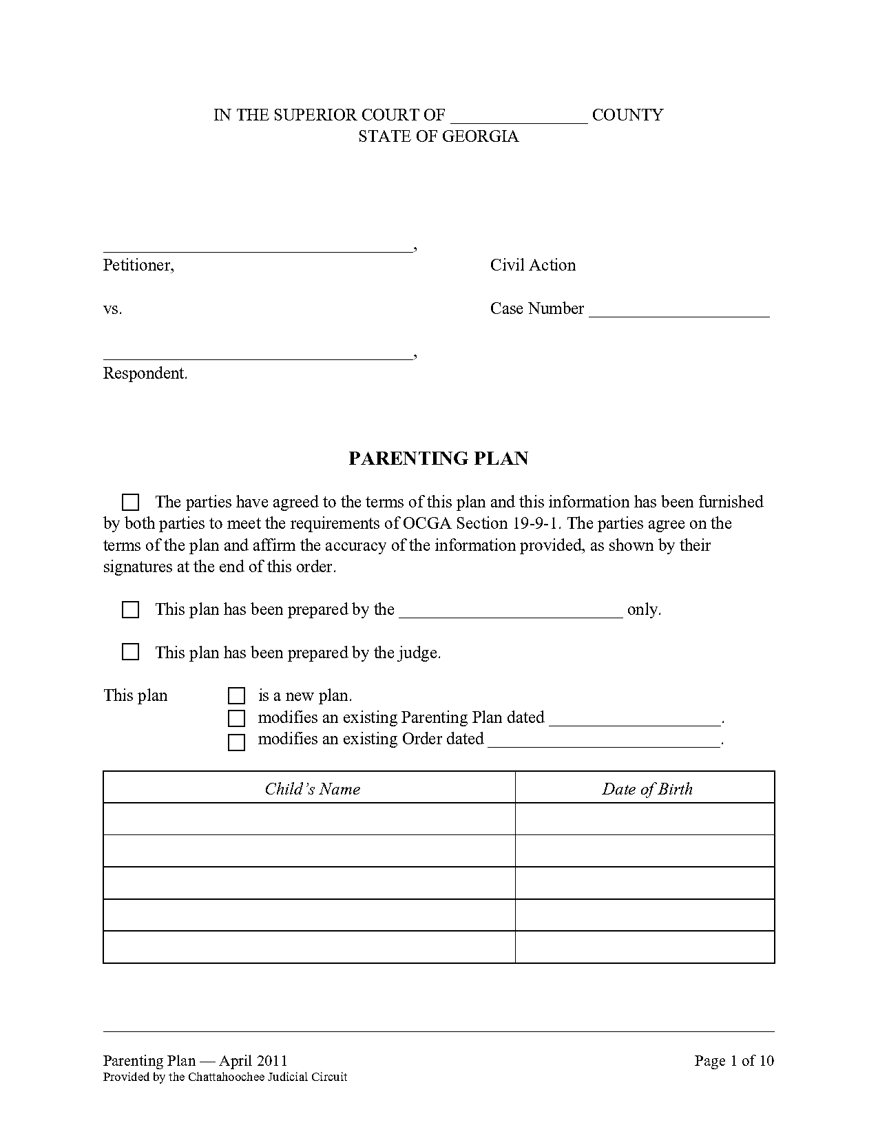 free parenting plan template texas