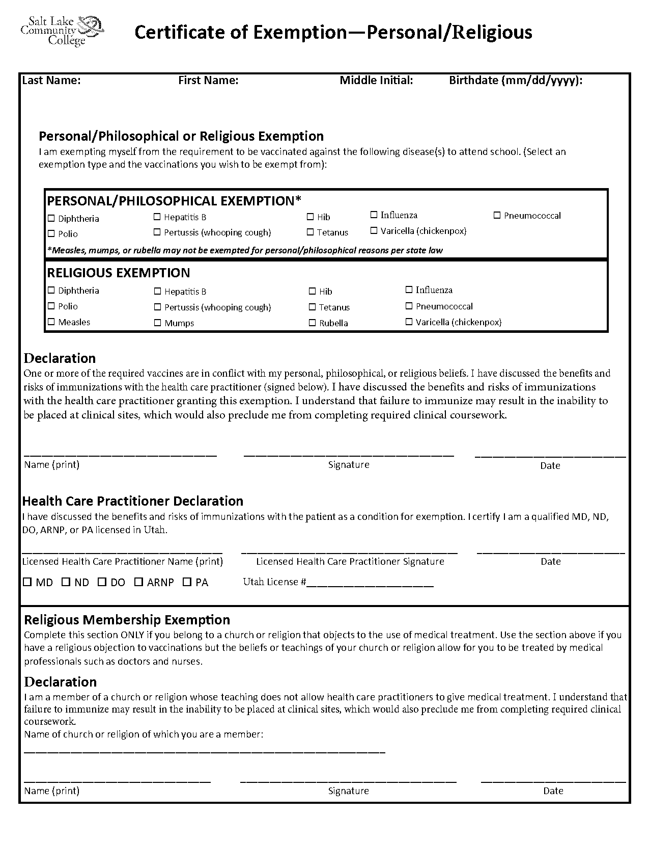 immunization waiver form utah