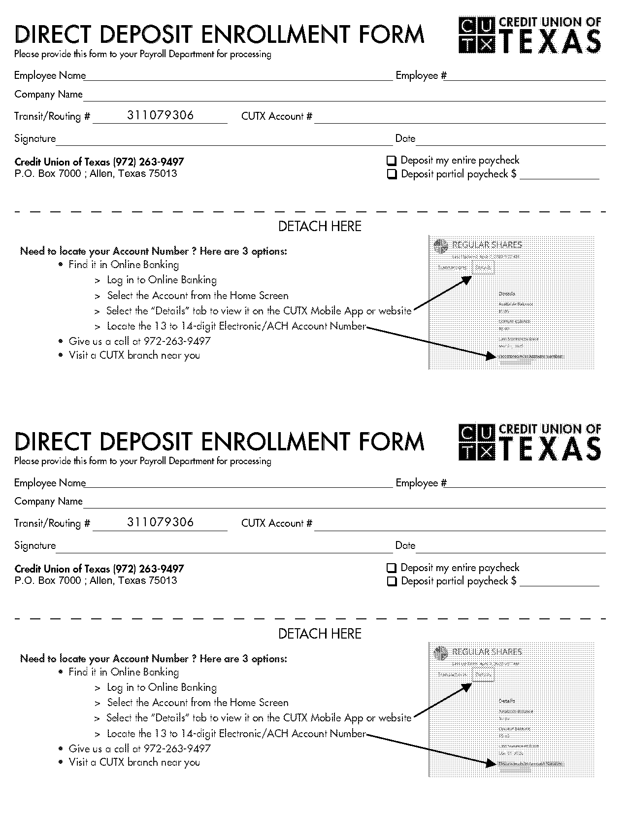 direct deposit form credit union of texas