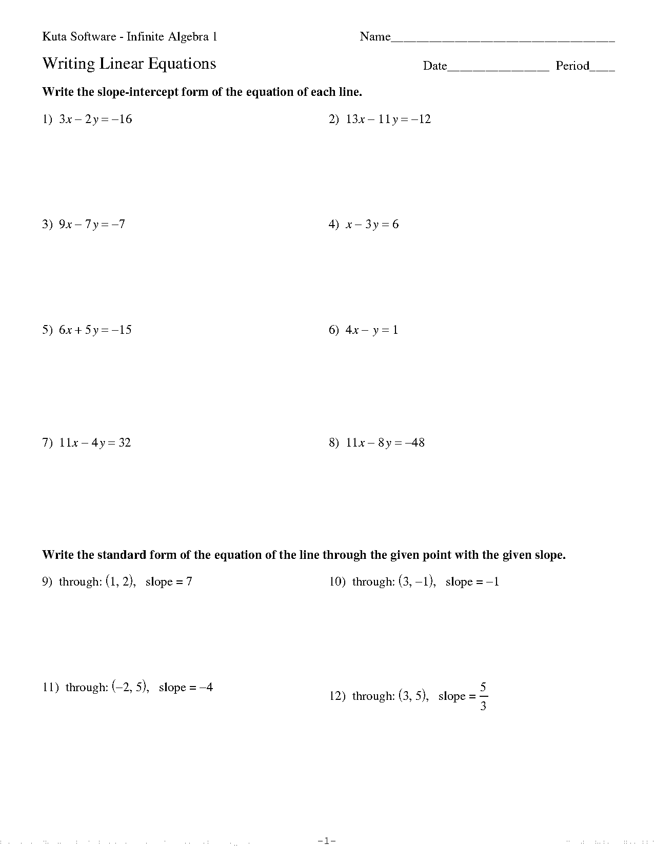 writing equations in standard form worksheet