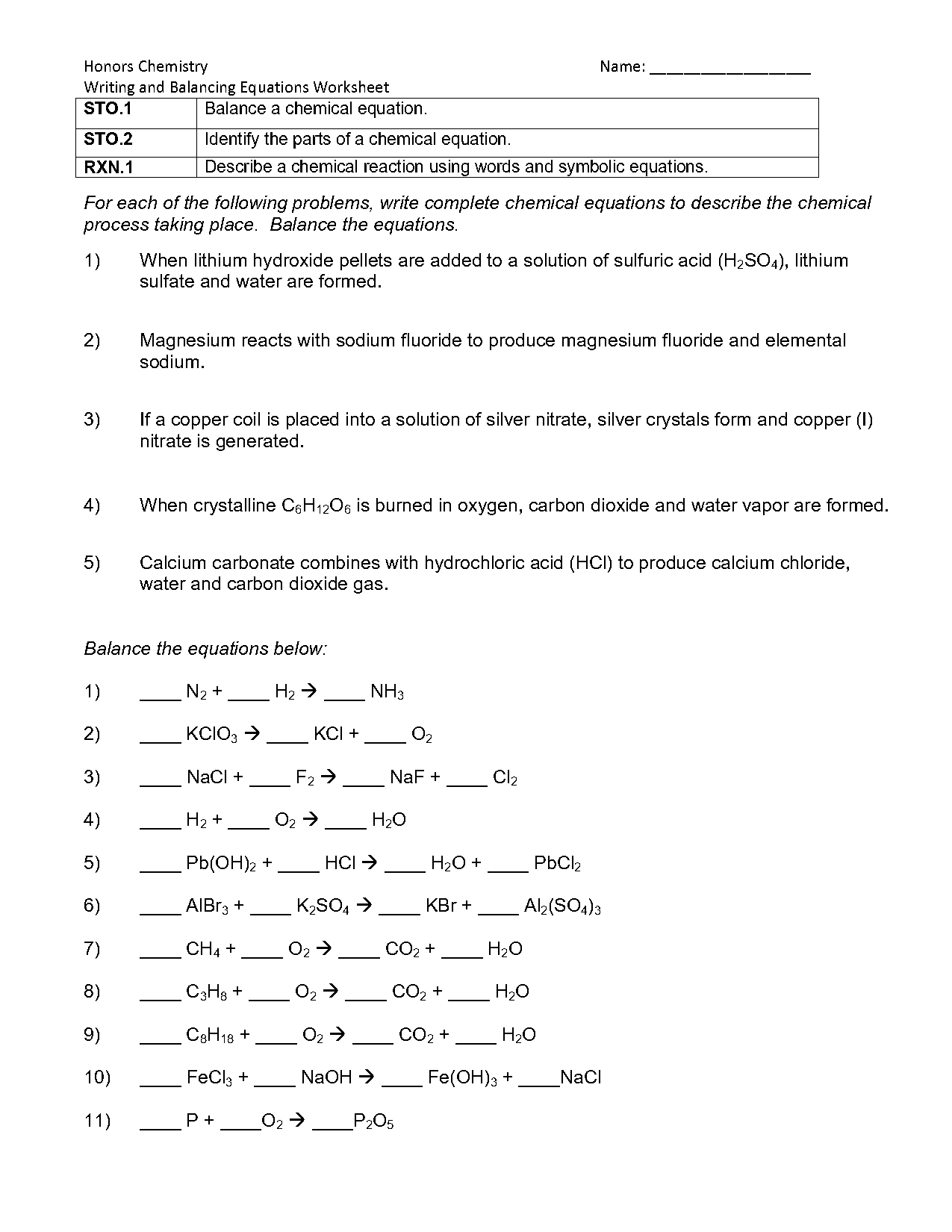 how to balance equations worksheet with answers