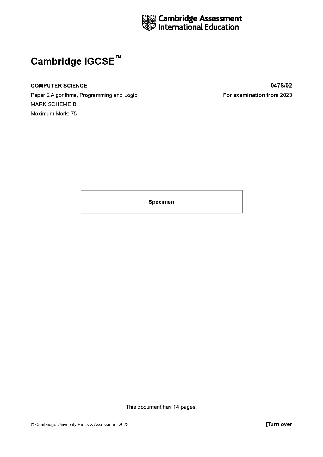 computer science specimen paper mark scheme