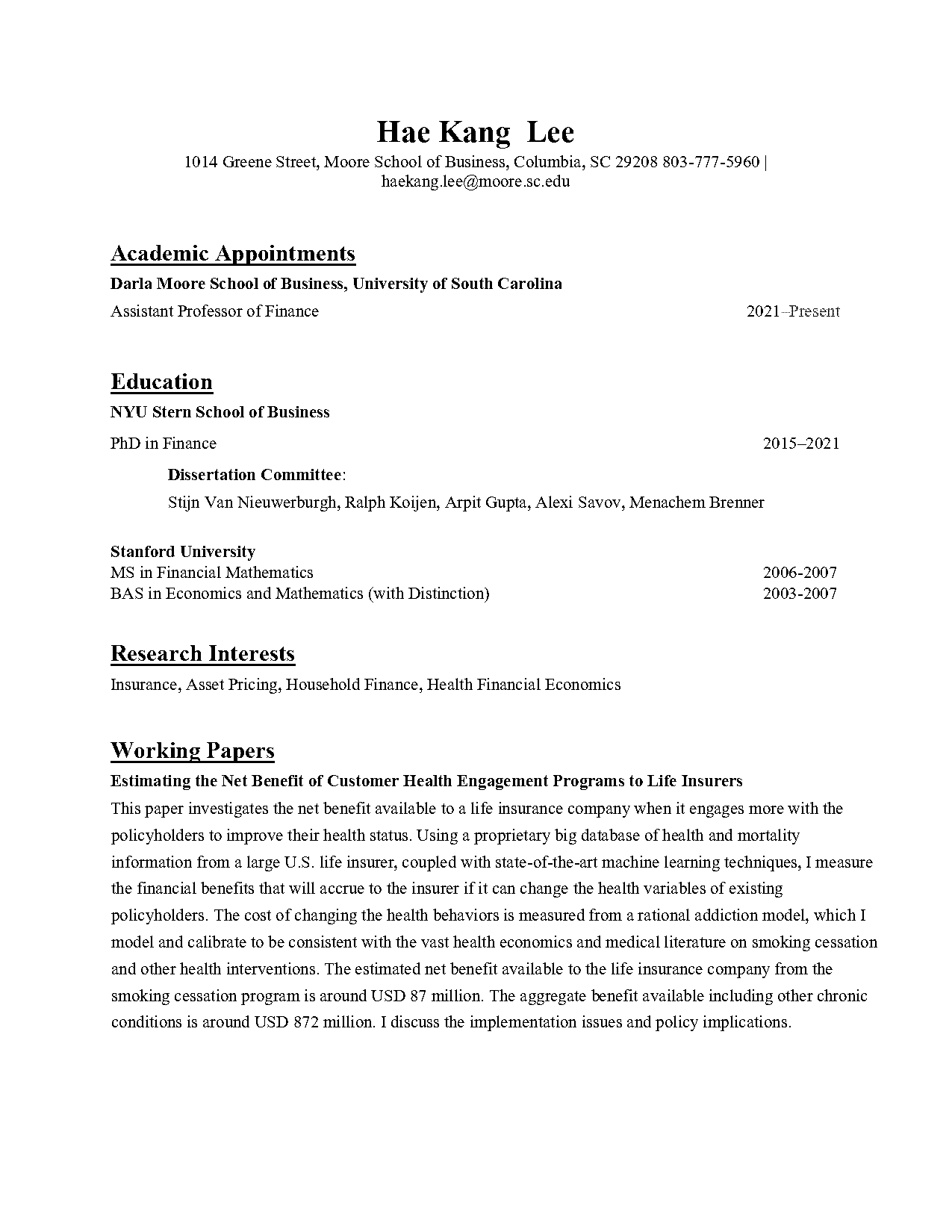 darla moore school resume appointment