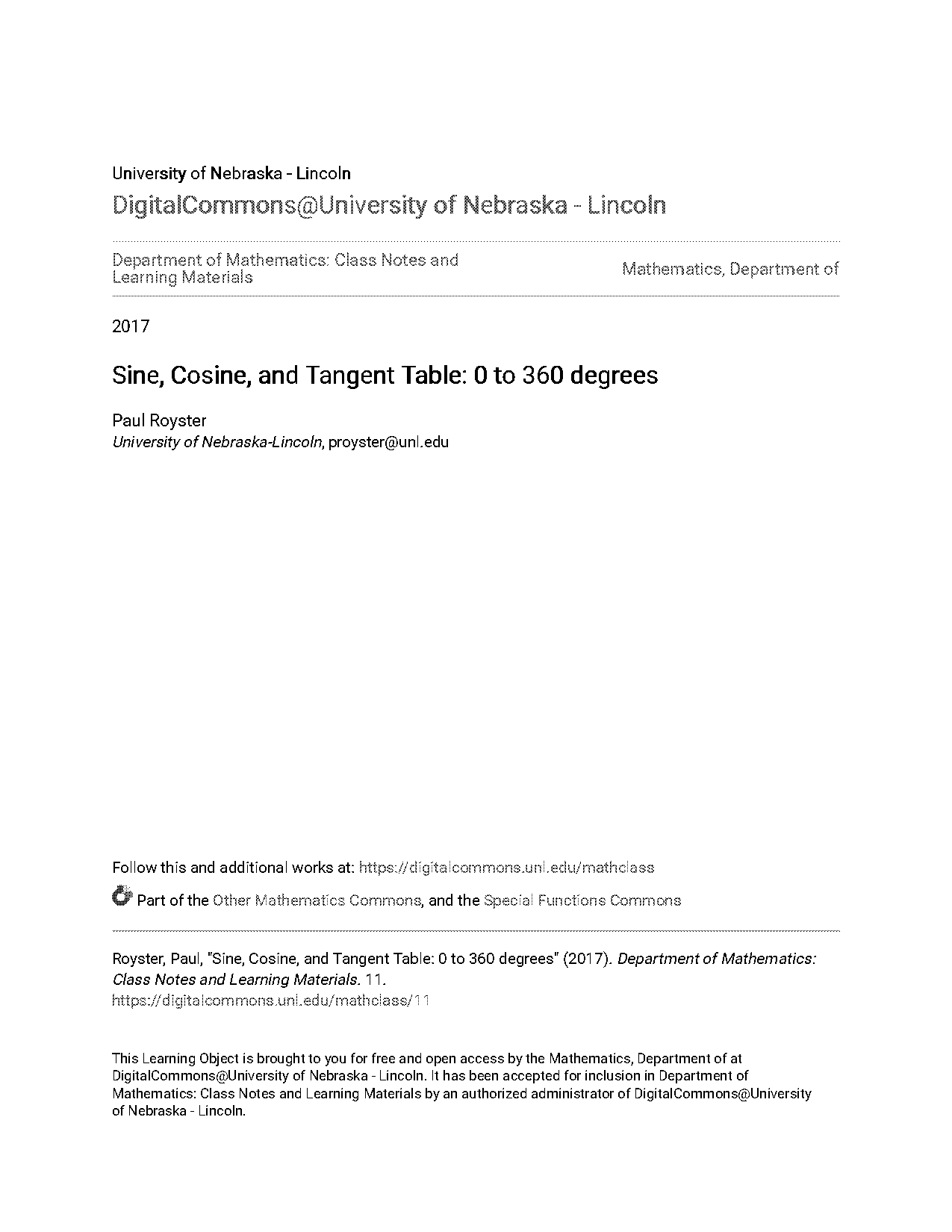 sin and cos table of values