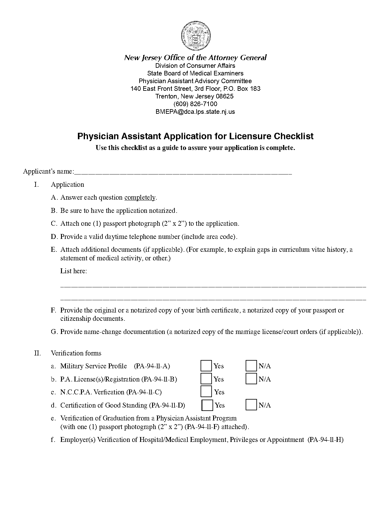 nj application for physician assistant license