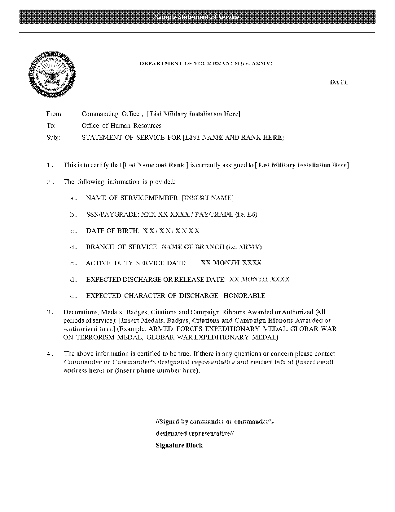 da form statement of service