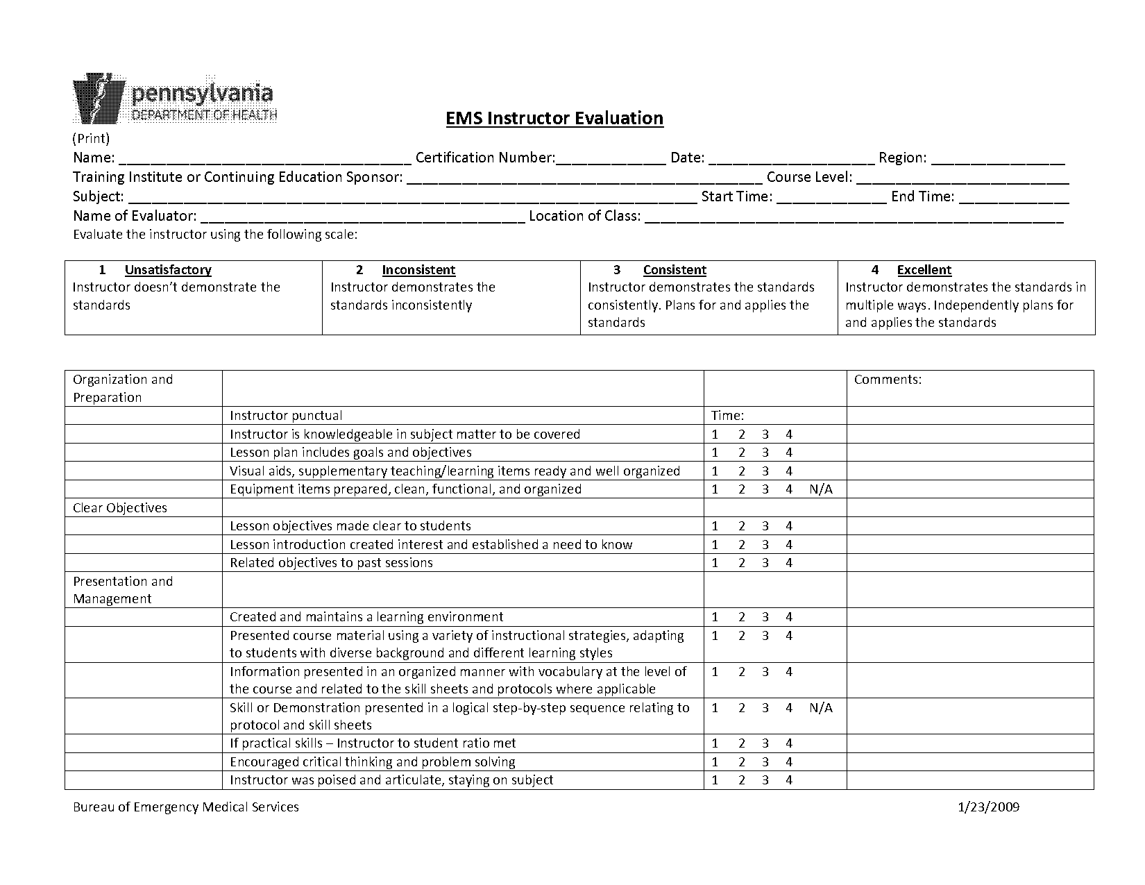 course and instructor evaluation form template