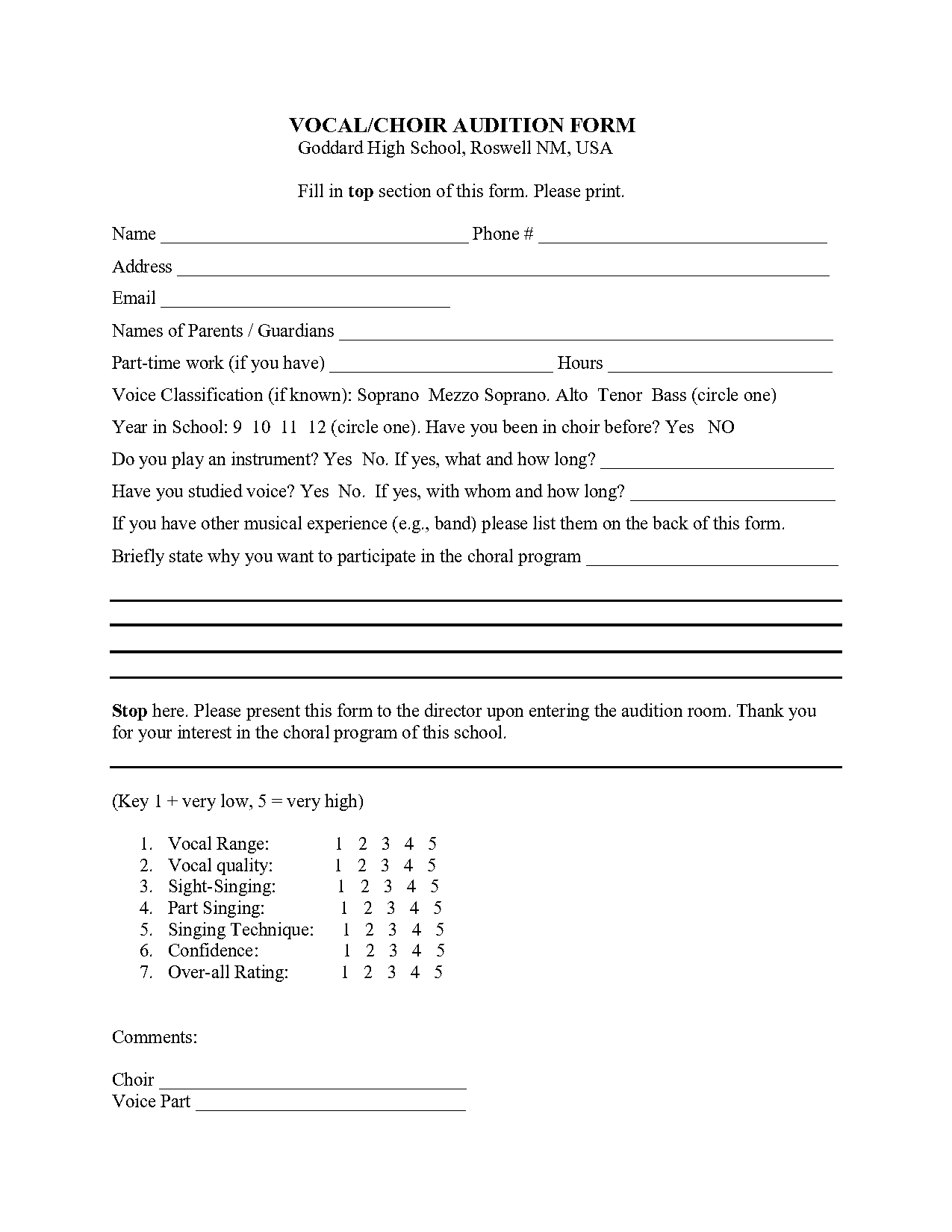 choir audition form template