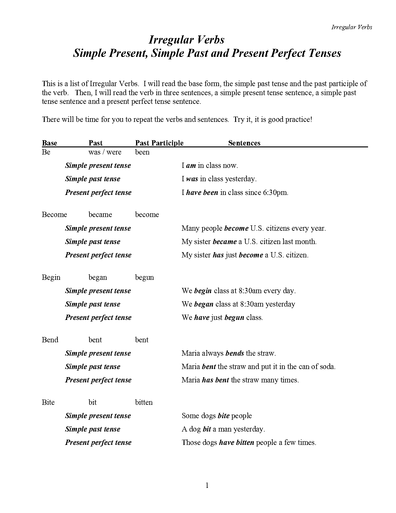 present tense past tense list