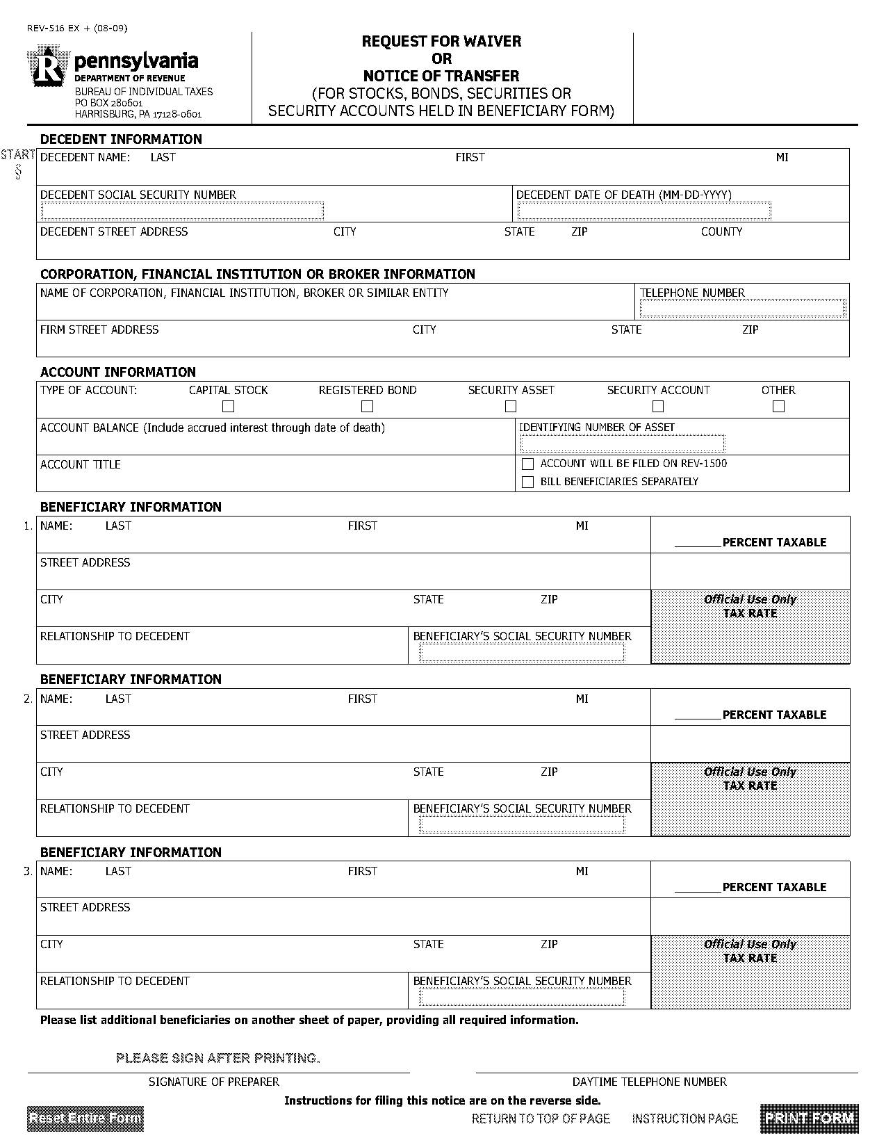 pa department of revenue inheritance tax waiver form