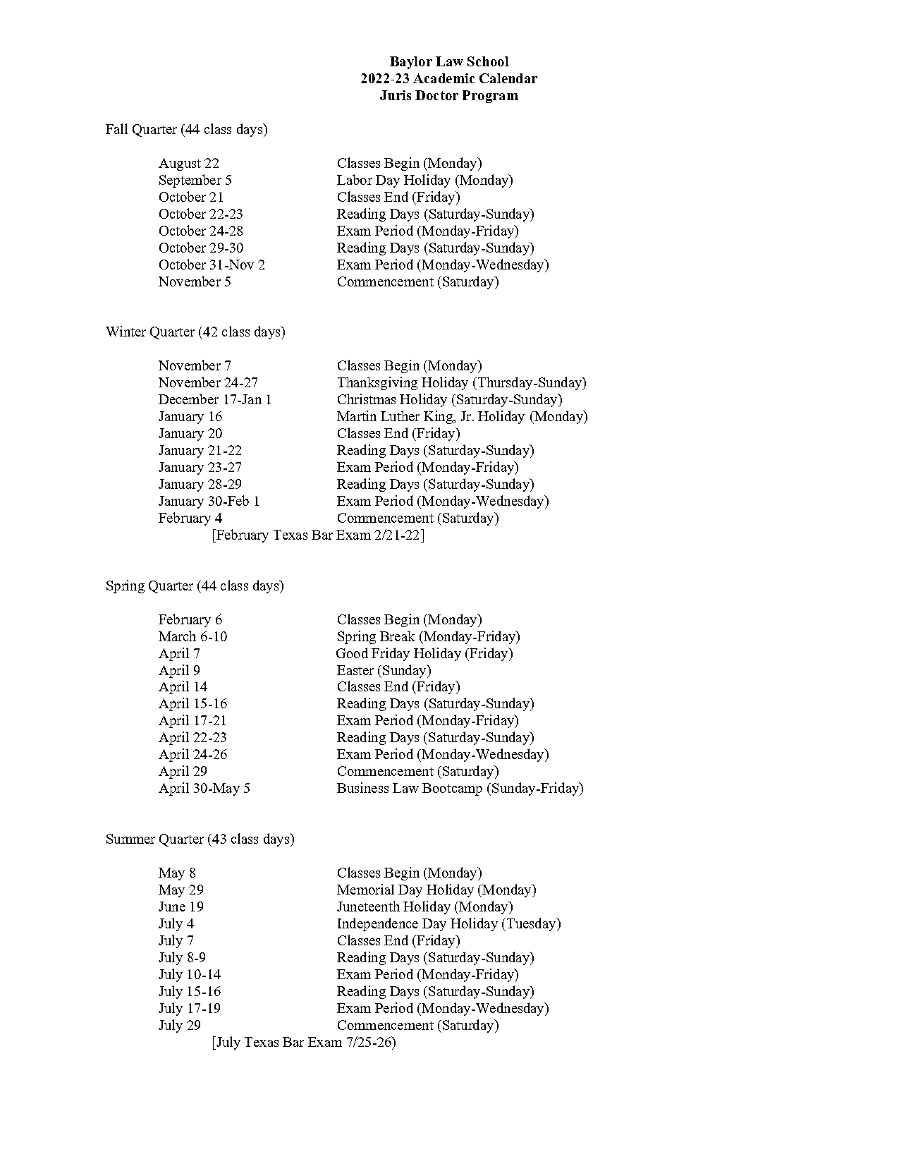 baylor law school summer schedule