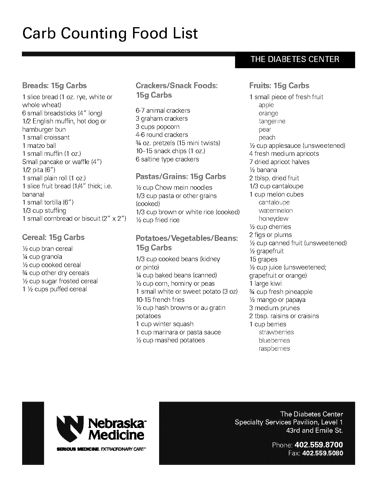 carbohydrate counting reference tables