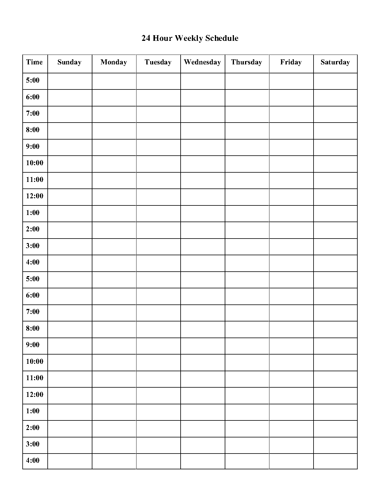 hourly weekly schedule template printable