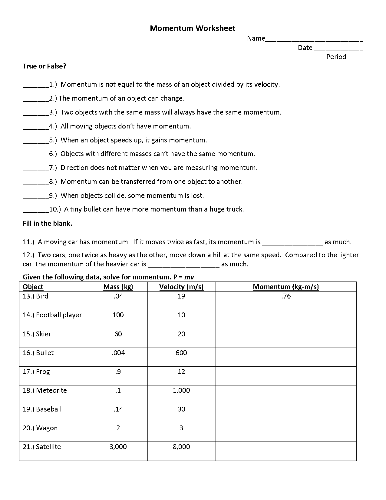 simple momentum problems worksheet