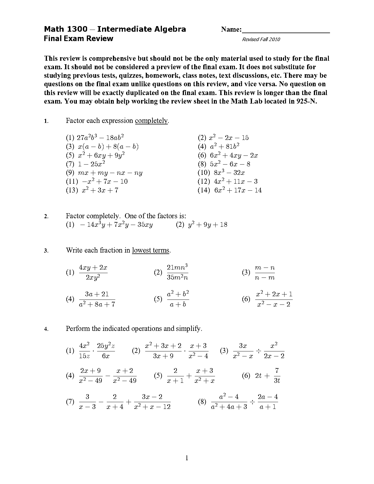 intermediate algebra final exam study guide