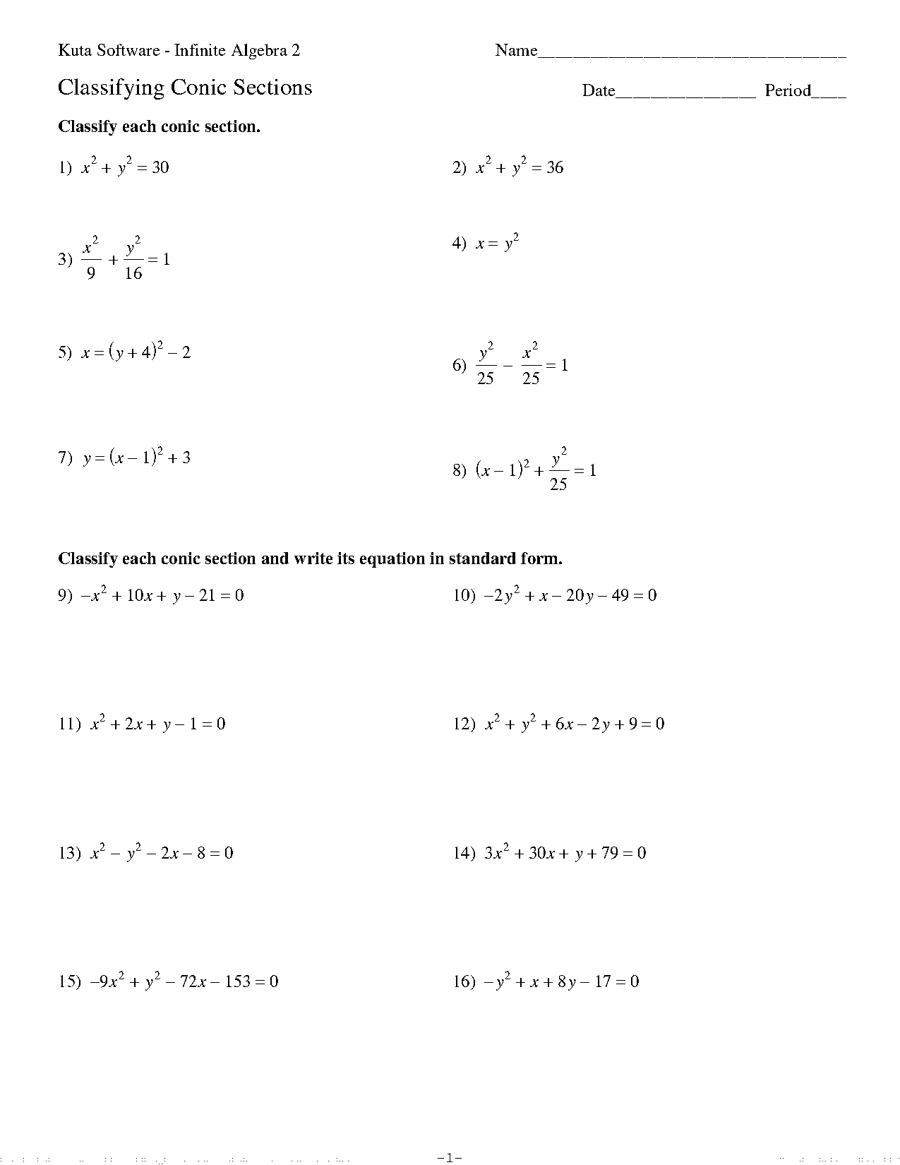 conic sections practice worksheet