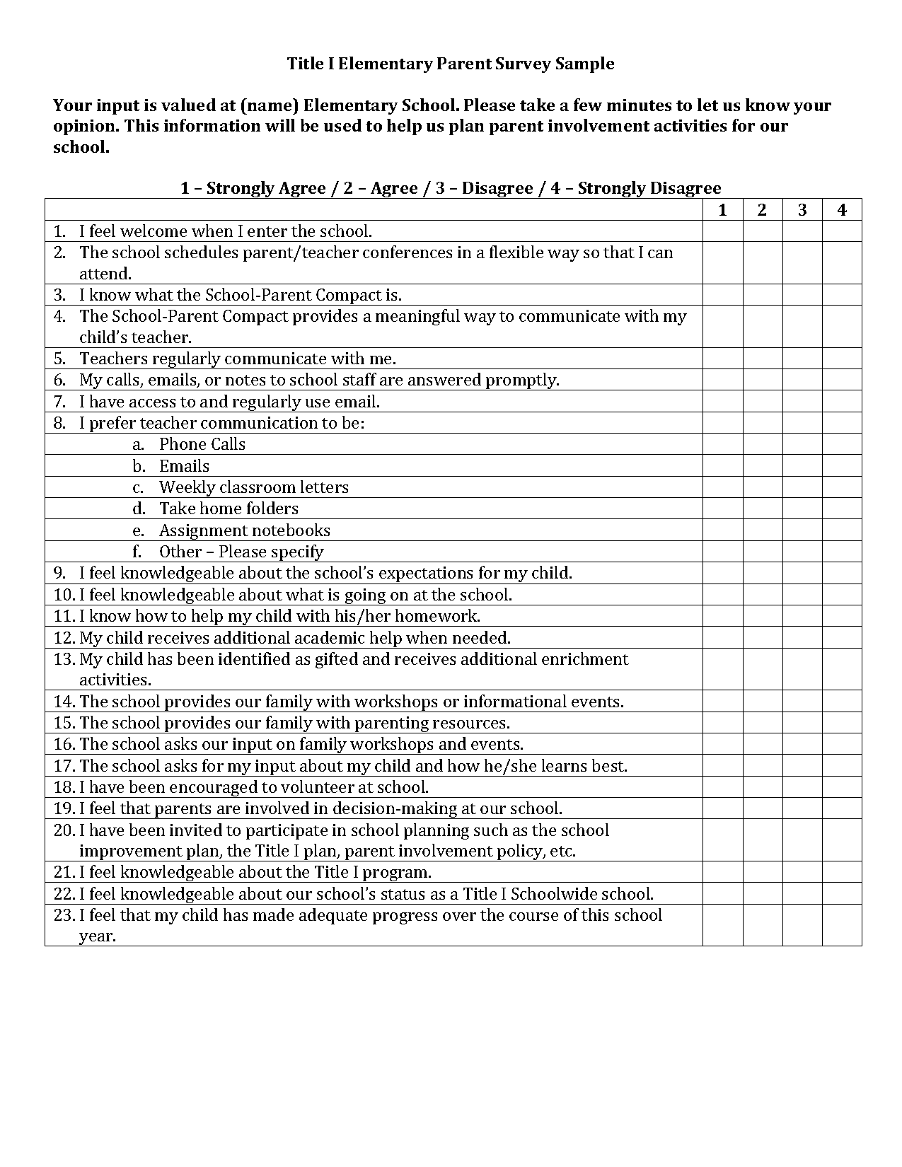 parent survey sample questions