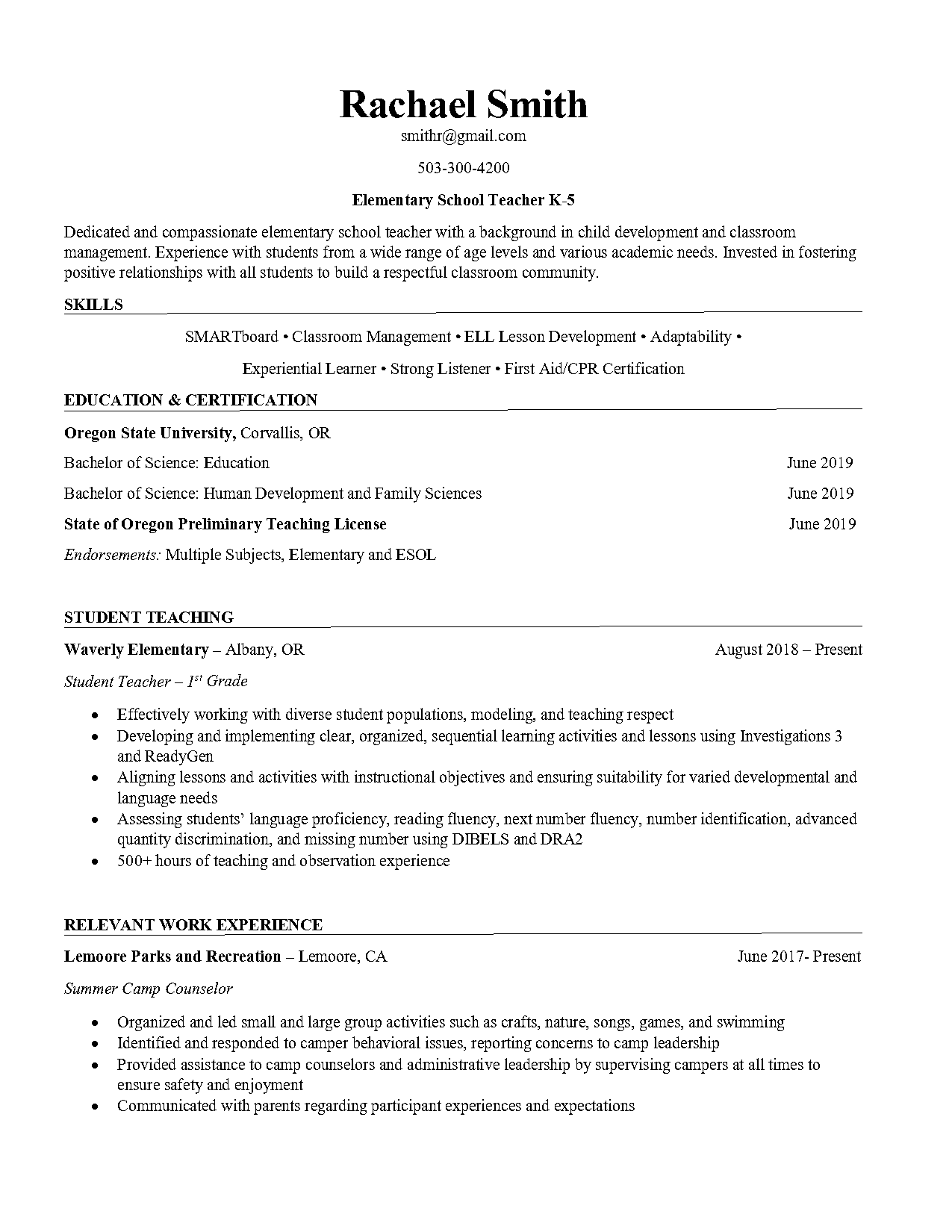 student teaching experience on a resume