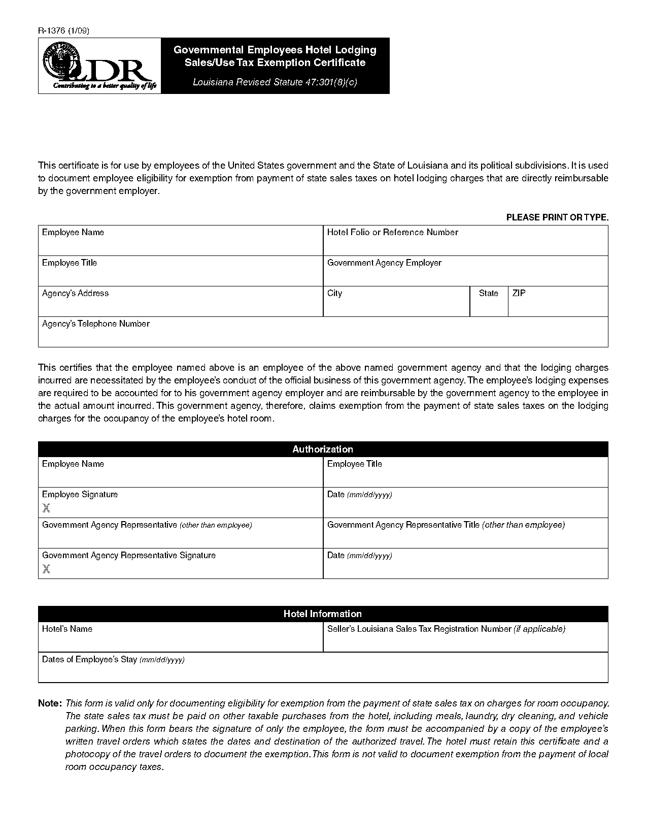 government lodging tax exempt form