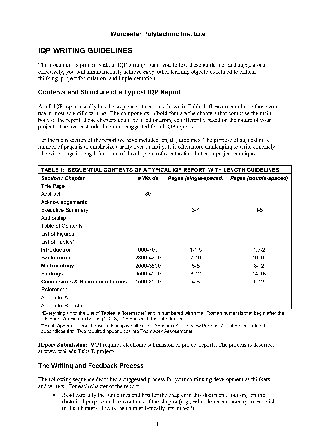 sample of table of contents for project report